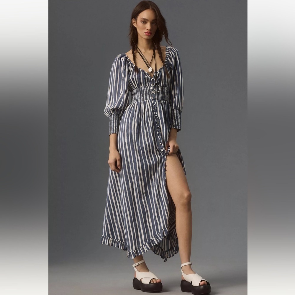 Anthropologie Long Sleeve Sweetheart Midi Dress Blue White Striped Button Front